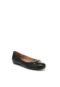 Zwarte leren ballerina's met een ronde neus, gouden accenthardware en een gladde textuur. De binnenkant heeft een zachte, lichte voering.