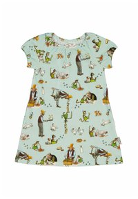 Puuvillamekko, jossa on vaaleansininen tausta ja värikkäitä kuvastoja eläimistä ja ihmisistä, jotka ovat mukana eri aktiviteeteissa. Lyhyet hihat.