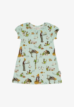 Kjole af bomuld med en lyseblå baggrund og farverige illustrationer af dyr og mennesker, der deltager i forskellige aktiviteter. Korte ærmer.
