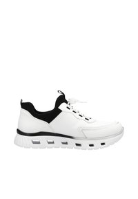 Chaussure de sport blanche avec des accents noirs. Dotée d'un dessus en cuir lisse, d'un système de laçage, d'une semelle épaisse et texturée avec des évents d'air, et d'un col rembourré.