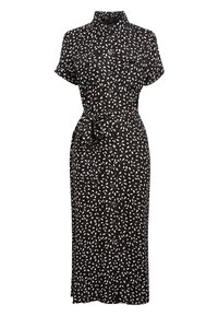 Czarna sukienka z kołnierzykiem, krótkimi rękawami, białym wzorem liści, guziczkami z przodu, dwoma kieszeniami na piersiach i wiązanym w talii paskiem.