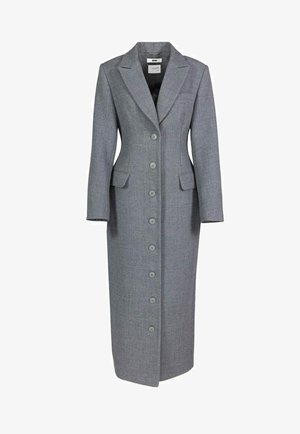 Langer grauer Damenmantel aus Wollmischung mit Reverskragen, durchgehender Knopfleiste, zwei Pattentaschen und langen Ärmeln.