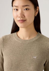 Junge Frau mit glattem, dunklem Haar trägt einen gerippten beigen Pullover mit einem kleinen Levi's-Logo-Aufnäher und einem goldenen Kreolenohrring.