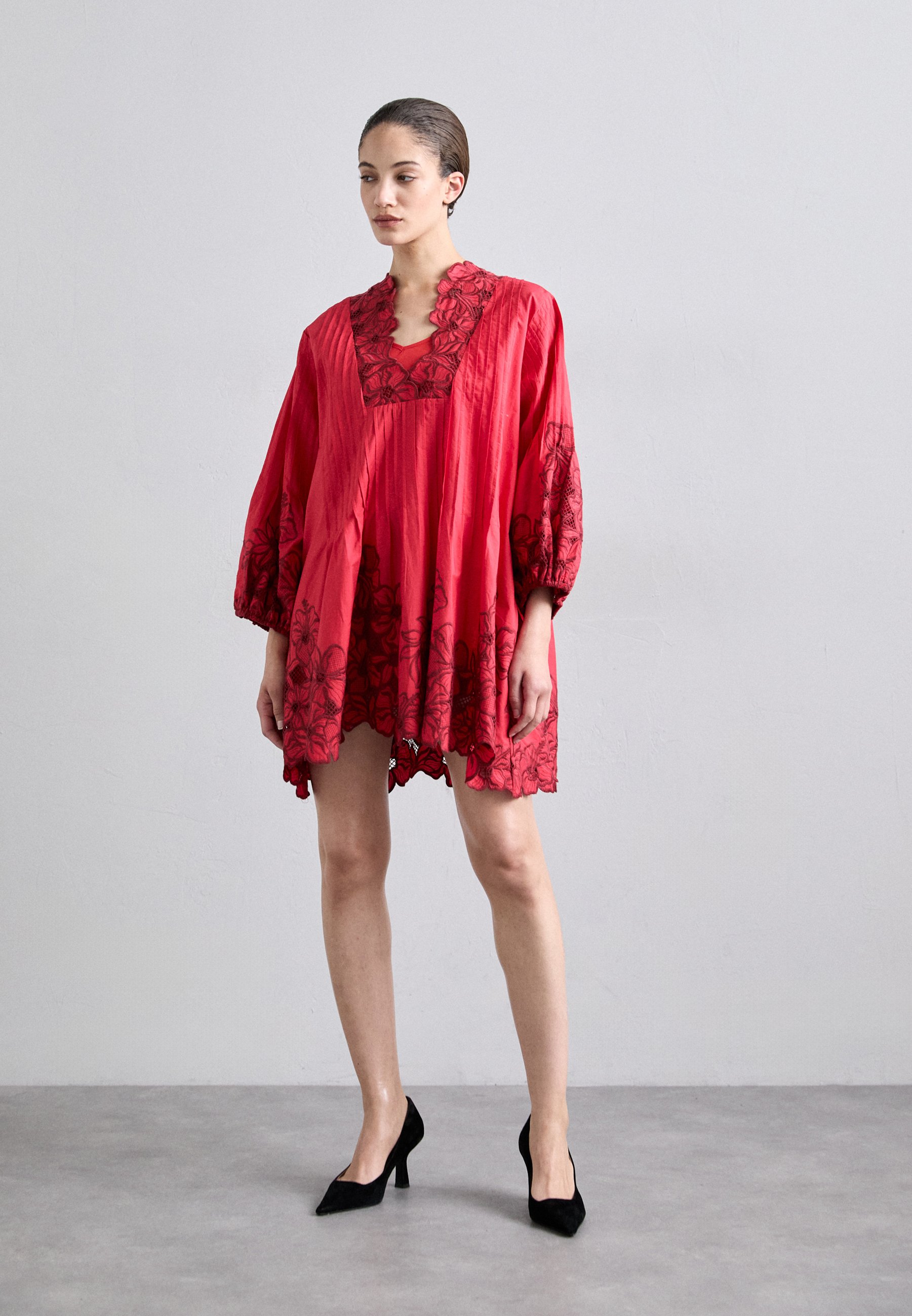 burgundy lace dress short sleeve Eva Fashion 5285 Short Pleated Lace Mother of the Bride Midi Dress main image 1