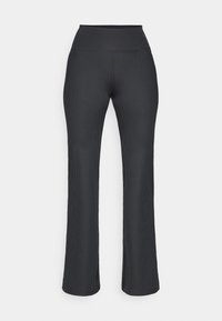 Pantalons évasés noirs à côtes avec une taille haute. Le tissu a une texture lisse et un design structuré, s'étendant jusqu'à une coupe ample aux chevilles.