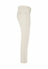 Beige op maat gemaakte broeken met een slim fit, gemaakt van katoen. Voorzien van achterzakken en goudkleurige beslag. Vezelvrije textuur en recht pijp ontwerp.