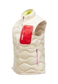 Gilet sans manches de couleur beige clair avec un design matelassé, doté d'une poche zippée rouge vif et d'un zip rose sur le côté. L'intérieur est de couleur vert lime.