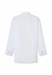 Witte lange mouwen dressshirt van achterzijde getoond met knoopmanchetten en een klassieke kraag op een witte achtergrond.