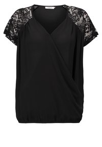 Blusa nera con maniche corte in pizzo, scollatura a V e vestibilità rilassata. Presenta un orlo arricciato e un tessuto morbido e leggero.