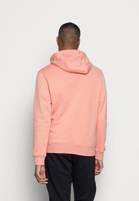 Hooded sweatshirt in light pink, made of soft fabric. Features a relaxed fit, ribbed cuffs, and a kangaroo pocket. Back view.