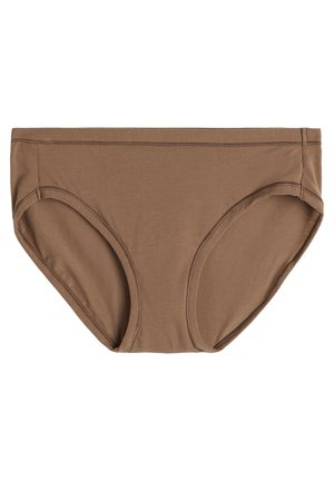 Sous-vêtements hipster en coton marron avec une texture lisse, une taille élastique, et sans motifs ni embellissements visibles.