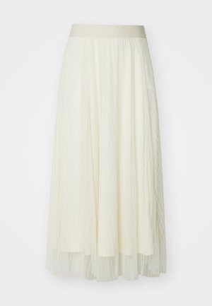 Plissé midi-rok in lichtcrème met een brede elastische tailleband; doorzichtige textuur met subtiele verticale lijnen, vloeiende vorm en gelaagd afwerking.