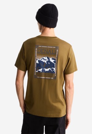 Person iført en olivengrøn T-shirt med et grafisk billede af det snedækkede Denali-bjerg og teksten "Mt. McKinley Alaska" på ryggen, samt en sort strikket hue.