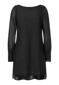 Schwarzes langärmeliges Kleid mit lockerem Schnitt, ausgestattet mit transparenten Ärmeln und vereinzelt metallischen Akzenten für Struktur und Detail.