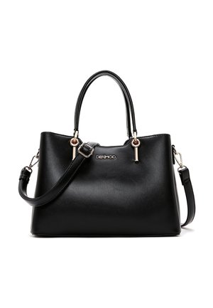 Bolso de cuero negro con asas dobles y correa de hombro desmontable, herrajes dorados y el logo "DERIMOD" en el centro frontal.
