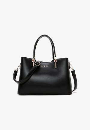 Bolso de cuero negro con asas dobles y correa de hombro desmontable, herrajes dorados y el logo "DERIMOD" en el centro frontal.