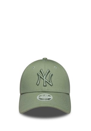 Light green baseball cap with raised NY logo on front and a curved brim with a silver "9FORTY Women Adjustable" label.
