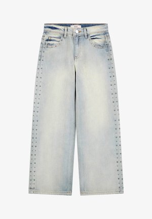 Lichtblauwe denim wijde pijpen jeans met een hoge taille, voorzien van decoratieve studs langs de zijnaden en een vervaagde afwerking.