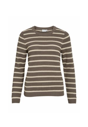 Pull rayé brun et crème, texture tricotée, encolure bateau, manches longues, bords-côtes aux poignets et à l'ourlet. Présente des rayures alternant entre épaisses et fines.