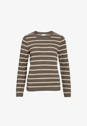 Braun- und cremefarbener gestreifter Pullover, gestrickte Textur, Rundhalsausschnitt, lange Ärmel, gerippte Bündchen und Saum. Merkmale von abwechselnd dicken und dünnen Streifen.