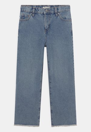Blå straight-fit denimjeans med høj talje, bæltestropper, forreste knap og frynset kant.