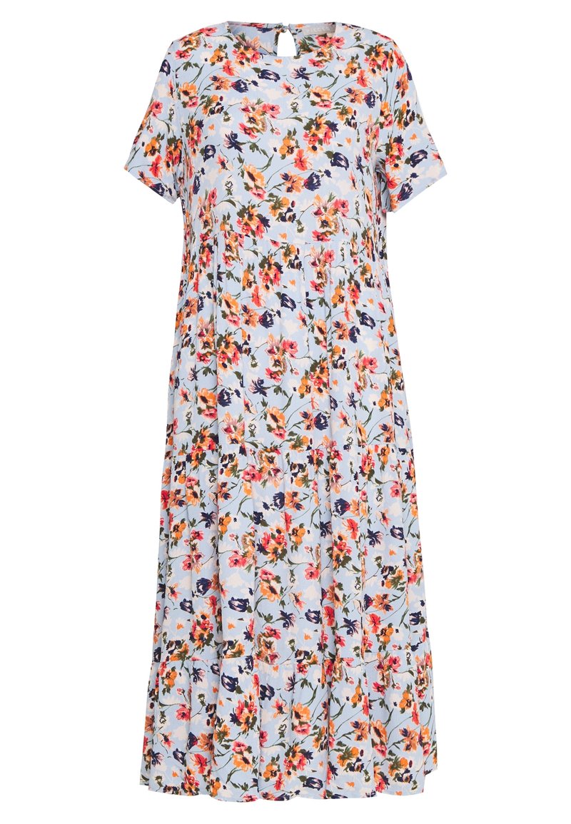 Blommig klänning i lätt tyg med rund halsringning, korta ärmar och kontrasterande blommönster i rosa, blått och orange på en ljusblå bakgrund.