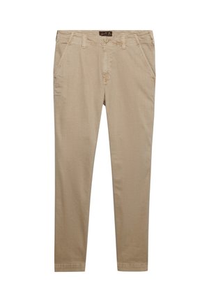 Beige men's casual trousers with front pockets, belt loops, button closure, and straight legs on a white background.