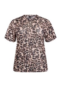 Majica s kratkim rukavima u uzorku leoparda, s okruglim izrezom i glatkim, laganim materijalom u nijansama bež i crne.