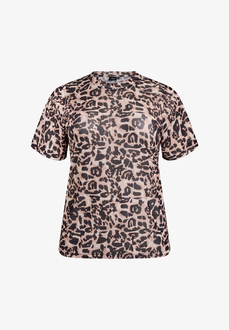 Majica s kratkim rukavima u uzorku leoparda, s okruglim izrezom i glatkim, laganim materijalom u nijansama bež i crne.