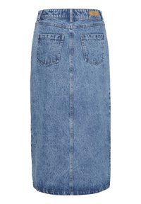 Világoskék farmer midi szoknya enyhén texturált felülettel, derékpánttal, két hátsó zsebbel és egyenes szabással.