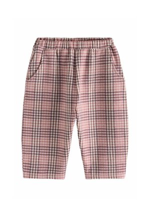 Geruite pyjamabroek met elastische tailleband, voorzien van een roze en bruine print, twee zijzakken en een comfortabele pasvorm.