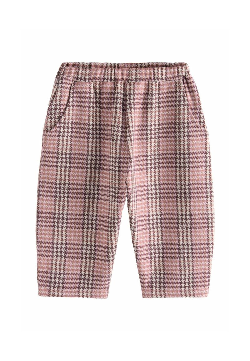 Pantaloni da pigiama a quadri con vita elastica, caratterizzati da un motivo rosa e marrone, due tasche laterali e una vestibilità comoda.