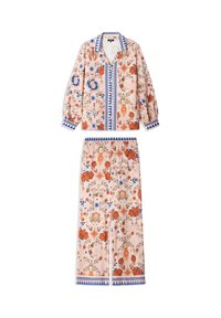 Floral print loungewear set in soft pink, featuring blue and orange accents. The top has a collared neckline and loose sleeves; bottom has an elastic waistband.
