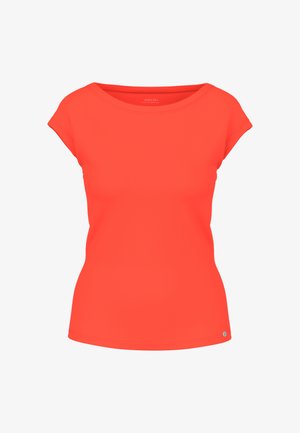 Bright red short-sleeve fitted women’s t-shirt with round neckline and subtle brand logo near the bottom hem.