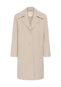 Cappotto in misto lana beige con colletto a rever, due tasche frontali e chiusura a tre bottoni. Tessuto testurizzato con silhouette dritta.