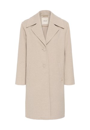 Beidžs vilnas maisījuma mētelis ar apkakles piegriezumu, divām priekšējām kabatām un trīs pogu aizdari. Tekstūrēta auduma taisna silueta.