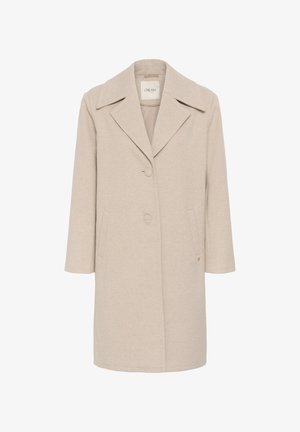 Palton din amestec de lână bej, cu guler tip rever, două buzunare frontale și închidere cu trei butoane. Material texturat cu o siluetă dreaptă.