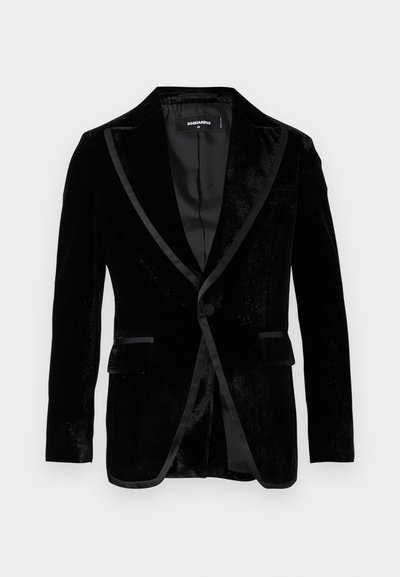 Black velvet blazer with satin lapels, slim fit, single button closure, and two front pockets. Smooth texture and shiny finish.
