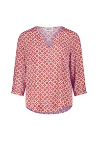Multicolor blouse featuring a V-neck, three-quarter sleeves, and a floral pattern in pink, orange, and purple against a light background.