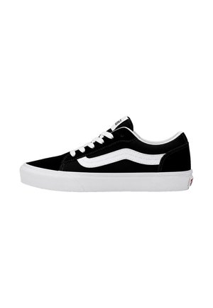 Black low-top sneaker with white side stripe, white laces, and white rubber sole, viewed from the outer side on a white background.