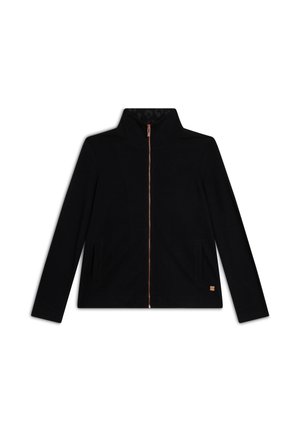 Giacca nera con zip e colletto alto, due tasche frontali e zip color oro rosato. Presenta una texture liscia e un design minimalista.