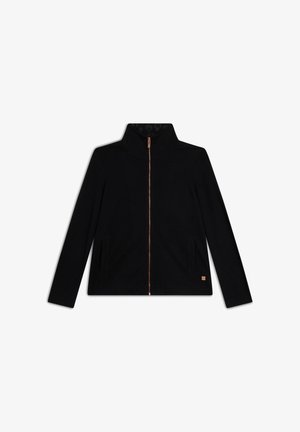 Veste noire zippée avec col haut, deux poches avant et fermeture éclair dorée rose. Présente une texture lisse et un design minimaliste.