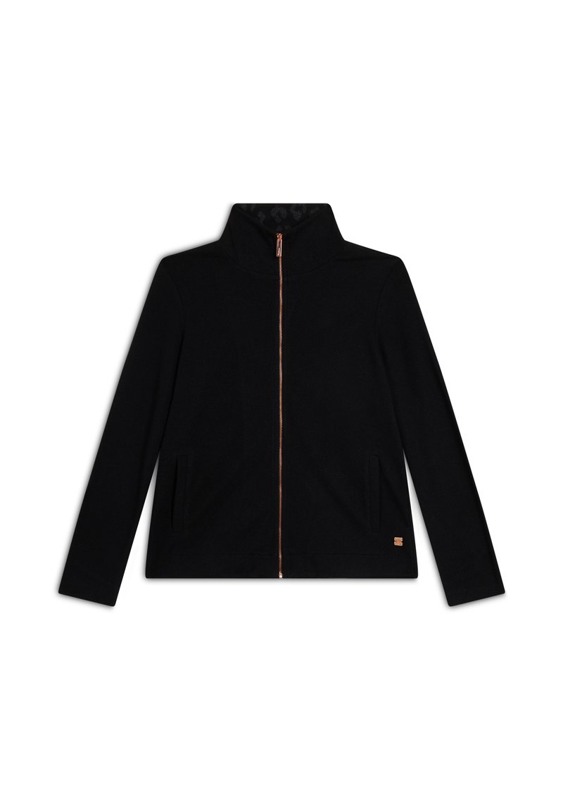 Veste noire zippée avec col haut, deux poches avant et fermeture éclair dorée rose. Présente une texture lisse et un design minimaliste.
