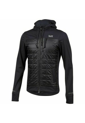 Schwarze Jacke mit gepolsterter Vorderseite und glatten, dehnbaren Ärmeln. Mit Reißverschluss vorne, Kapuze und Seitentaschen. Reflektierende Akzente vorhanden.