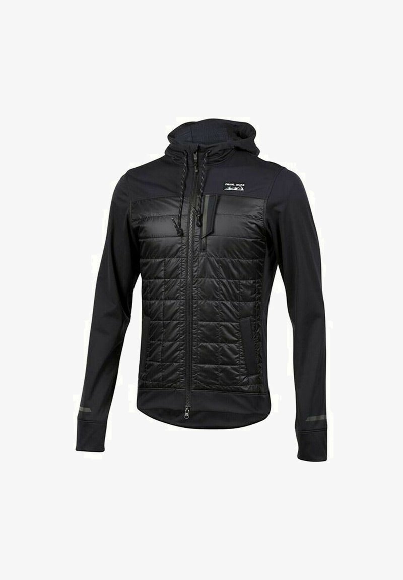 Veste noire avec un devant rembourré et des manches lisses et extensibles. Comprend une fermeture éclair à l'avant, une capuche et des poches latérales. Accents réfléchissants présents.