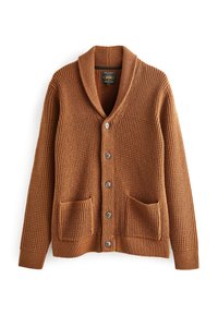 Cardigan marrone lavorato a maglia con collo a scialle, cinque bottoni, due tasche frontali e polsini a costine. Tessuto testurizzato con un design caldo e versatile.