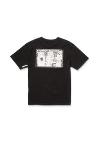 Black cotton t-shirt featuring a large white graphic print with abstract faces on the back and logo detail on the sleeve. Regular fit.