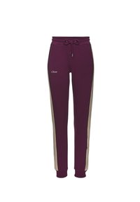 Burgunderfarbene Jogginghose mit elastischem Bund und Kordelzug. Mit beigen Seitenstreifen und dezent gesticktem Logo auf dem oberen Oberschenkel.