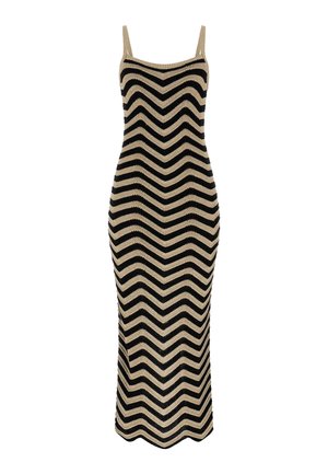 Abito midi in maglia con motivo a zigzag in nero e beige. Presenta spalline sottili e una silhouette aderente con finitura testurizzata.