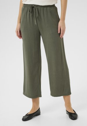 Olive green wide-leg trousers featuring an elastic waistband with a drawstring. Smooth, lightweight fabric with a subtle texture.